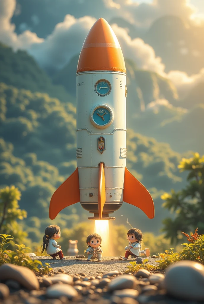 rocket，Ready to launch  ，  Little Humans ,features, Tilt Actions , Great Lighting Effects ,landscape,3d, Brush Rendering,3D Effects,  super detail 