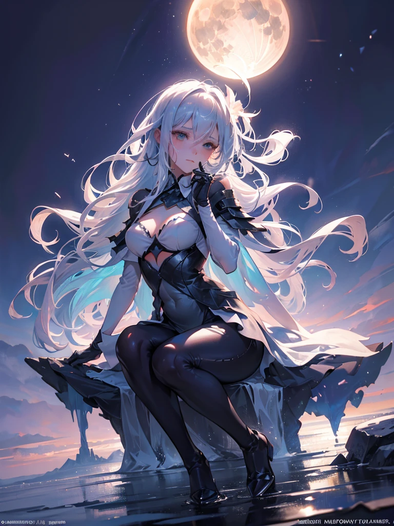  1 girl, Mature, Long silver hair,  Knight , mountain, Aurora, moon,((Random camera shots 1.4)),(Random body poses:1.4),girl sitting on rock at peak of mountain during  Knight  looking up of sky Aurora,
 volume lighting,  Graceful, Flowing Choreography ,  Dynamic Composition , reflection,  caustics ,  Amazing gradient colors scattered across subsurfaces , (masterpiece,  best quality, Super detailed,  BEST SHADOW ),  high contrast , (Best lighting,   very delicate and beautiful), ((Cinematic Light)), colorful,  hyper-detail,   Dramatic Light,  complicated details, 驚くべきグラデーションの色, Signs without watermark text,( detailed background),(Super detailed), ( BEST SHADOW :1.1)+++++,( high contrast )+++,(Best lighting)+++,