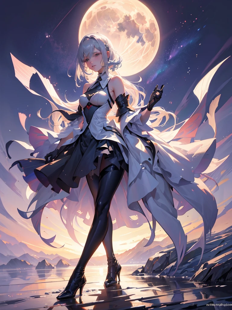  1 girl, Mature, Long silver hair,  Knight , mountain, Aurora, moon,((Random camera shots 1.4)),(Random body poses:1.4),girl sitting on rock at peak of mountain during  Knight  looking up of sky Aurora,
 volume lighting,  Graceful, Flowing Choreography ,  Dynamic Composition , reflection,  caustics ,  Amazing gradient colors scattered across subsurfaces , (masterpiece,  best quality, Super detailed,  BEST SHADOW ),  high contrast , (Best lighting,   very delicate and beautiful), ((Cinematic Light)), colorful,  hyper-detail,   Dramatic Light,  complicated details, 驚くべきグラデーションの色, Signs without watermark text,( detailed background),(Super detailed), ( BEST SHADOW :1.1)+++++,( high contrast )+++,(Best lighting)+++,