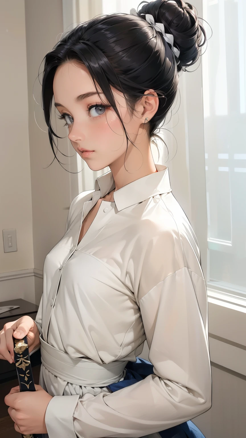 "(Best Quality,Super detailed,Realistic:1.37),One Girl,Bright room,((Small breasts)), weapon ,Double Buns,Holding a sword in hands, upper body,indoor, Black Hair ,Long sleeve shirt,knife,Single double bun hairstyle,Realistic,( shiny skin),( mature women:1.2)"