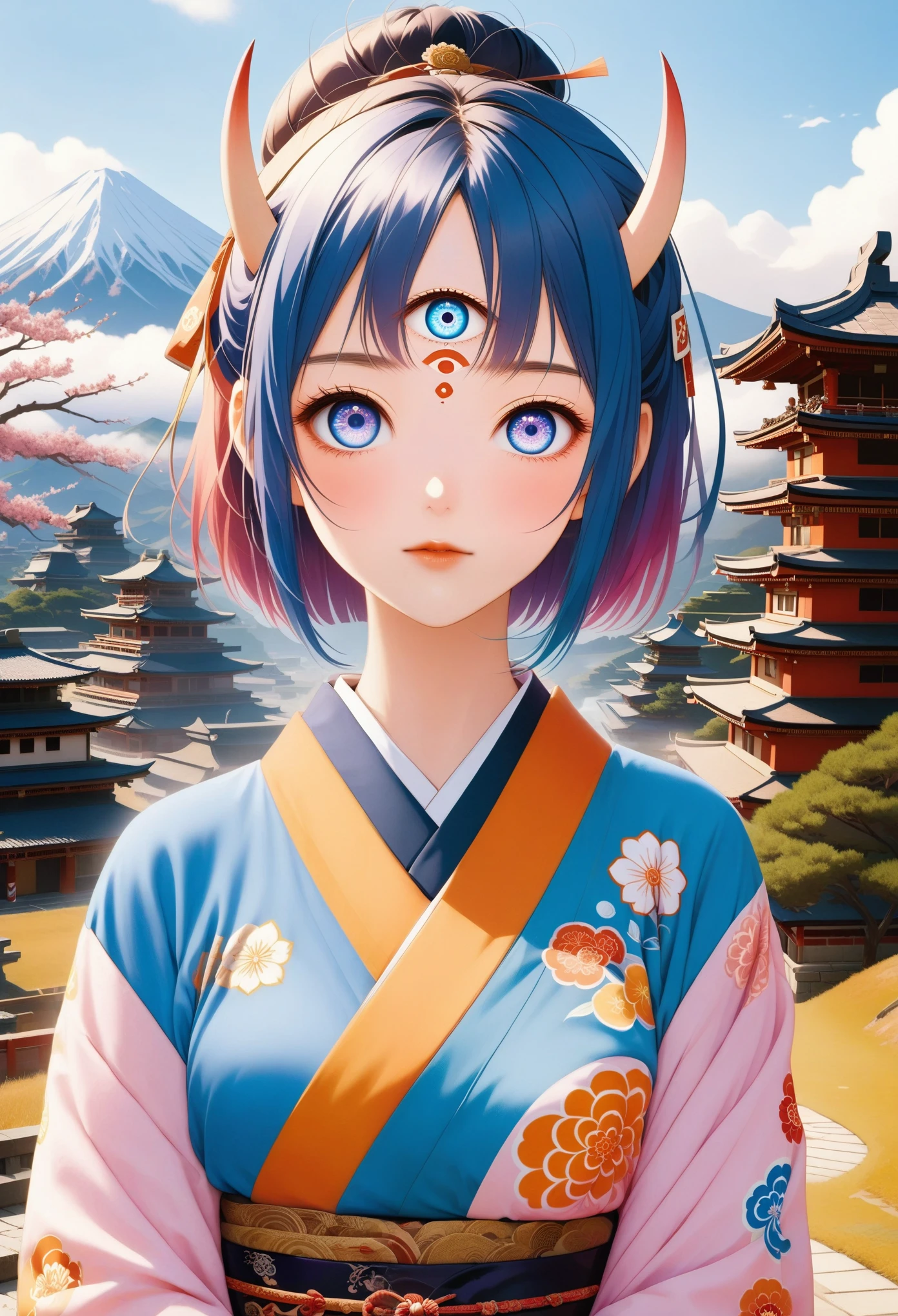 score_9, score_8_up, score_7_up, Japanese ONI-girl, (1girl, solo), 20yeras old, (upper body, portrait), (various color hair, round bob), various color ONI horns, third eye, various color Kimono, looking at viewer, The ancient capital of Japan