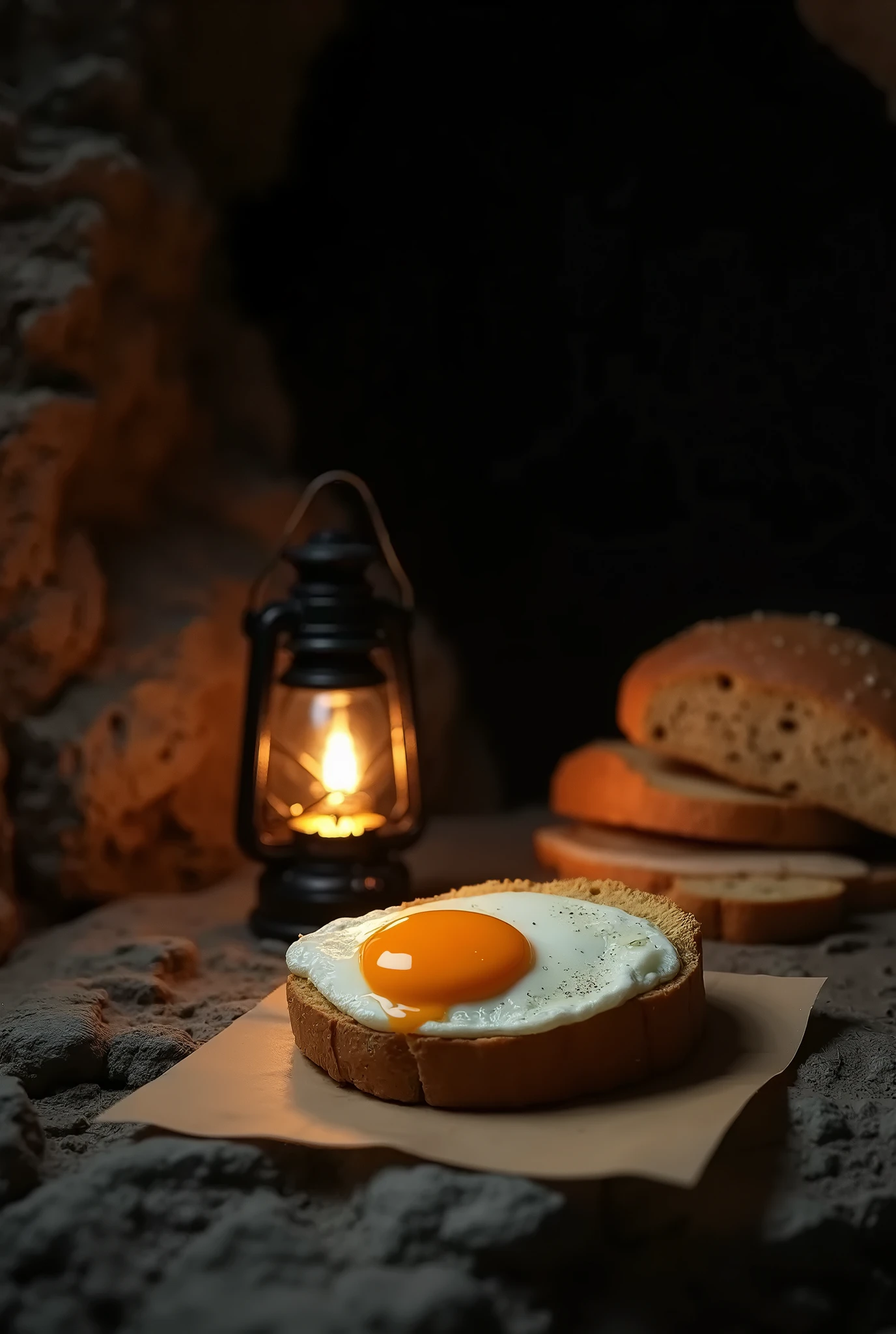 Real、photograph、 fried egg cut in half on a loaf of bread cut in half、Inside the cave、Lantern next to it 、 Place a loaf of bread on a piece of paper、Adventure break
Waiting for the start  