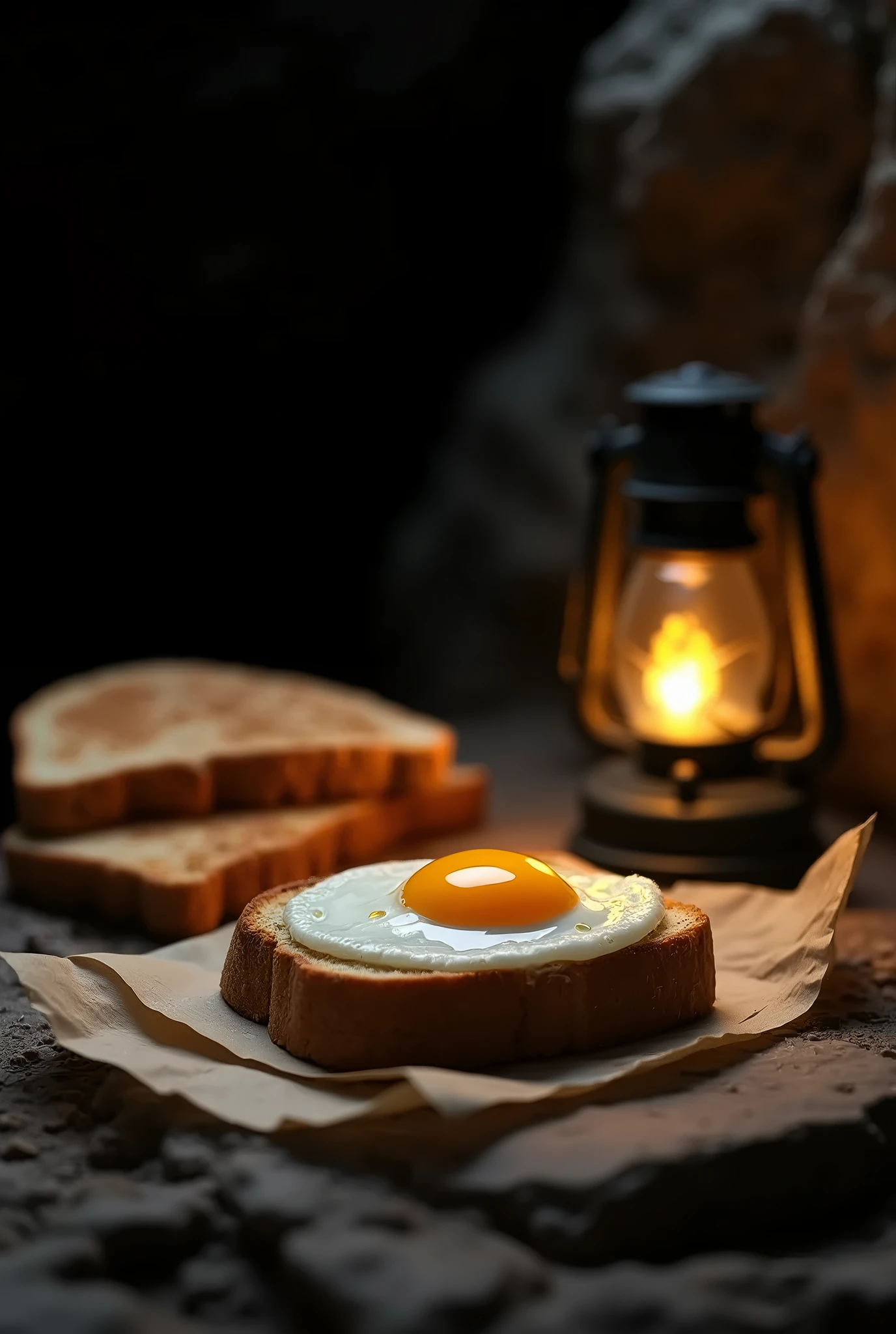 Real、photograph、 fried egg cut in half on a loaf of bread cut in half、Inside the cave、Lantern next to it 、 Place a loaf of bread on a piece of paper、Adventure break
Waiting for the start  