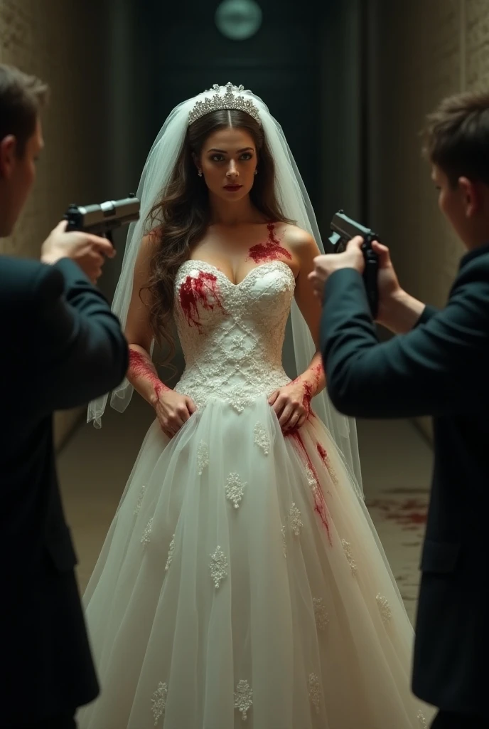 man on floor stabbed and woman in wedding dress with 2 knives with blood and 2 black shadows of men behind her in broad daylight image in antiquity 