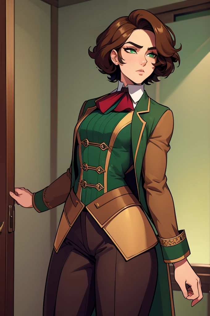 High definition, 4K, HD, 8K, Best Quality, Masterpiece, 1femboy, curious (expression), quill pen motif design, short curly hair, brown gradient hair, cute androgynous face, solo, effeminate man, forest green eyes, fair skin, lean physique, slightly feminine physique, gilded age outfit, topcoat, victorian england outfit, duster coat, ascot, trousers, brown and dark brown color palette outfit, femboy anatomy