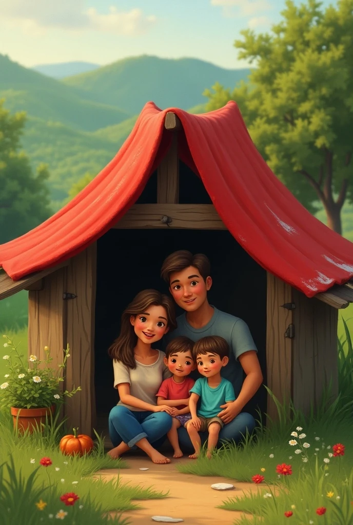 A small hut and a relaxing mother and father and their two sons
