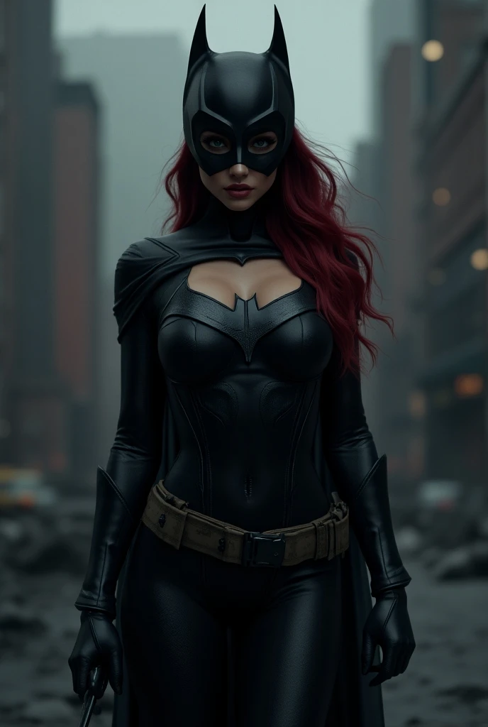 Midnight, Batgirl from DC Comics, cleavage, Torn clothes after combat, defeated, furious, desires for revenge in her gaze, e in her eyes, in a creepy black woods, at night, scary mood, cinematic dark light, deep night, ripped clothing, full body, alert , beware of danger, hd, ultra realistic, hyper detailed, Todd McFarlane