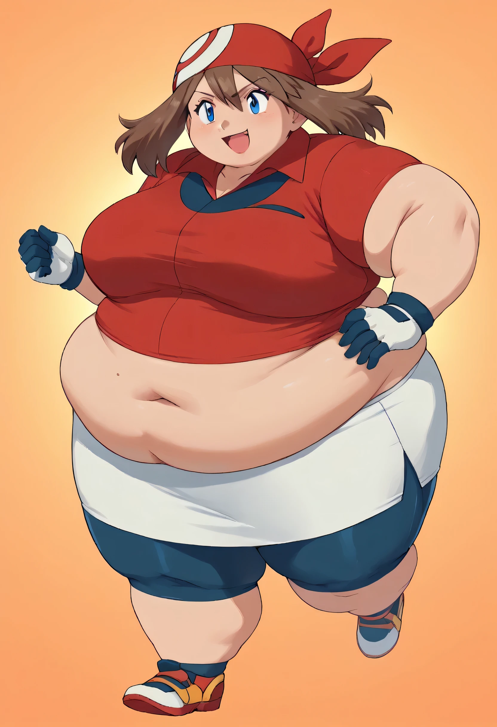 pokemonmay, blue eyes, brown hair, bandana, long hair, red bandana, twintails, hair between eyes,
bike shorts, collared shirt, gloves, microskirt, multicolored shirt, pencil skirt, red shirt, shirt, short sleeves, skirt, white skirt, fat, chubby, obese, gigantic arms and legs, full body shot, happy