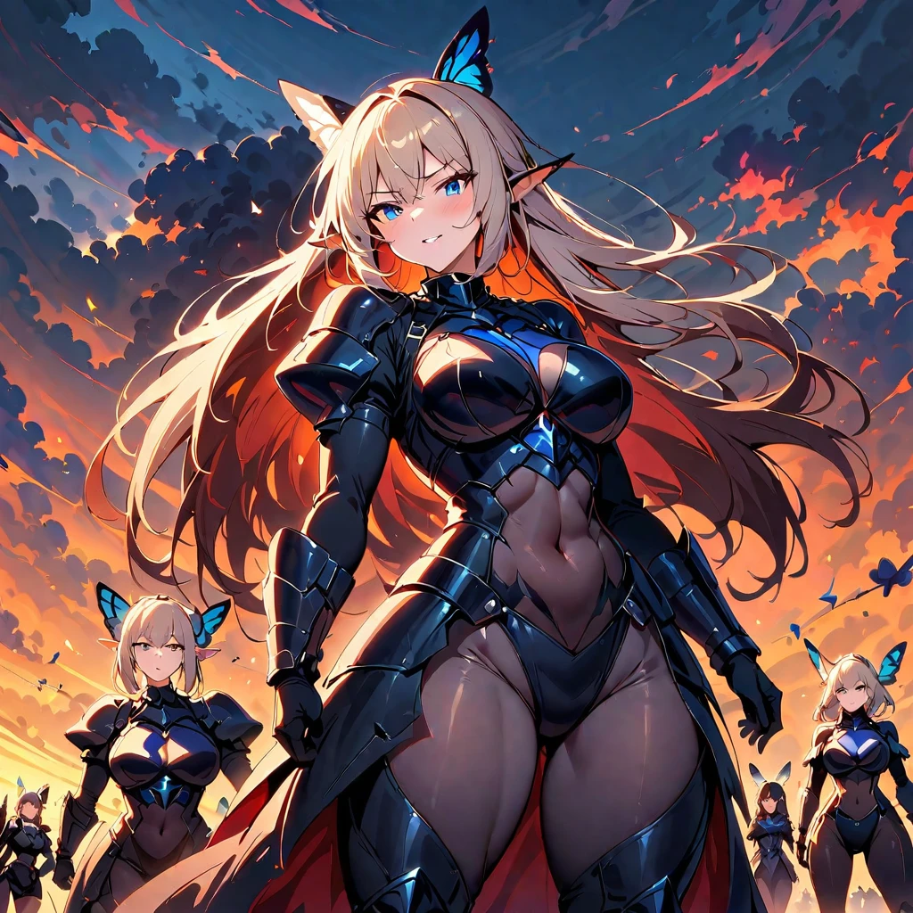 Anime, Berserker, mature womans, milf, elf's ears, butterfly's wings, body-armor, Berseker' clothes, Berserker clothes, curvy body, multiple womans, berserker, womans surrounding