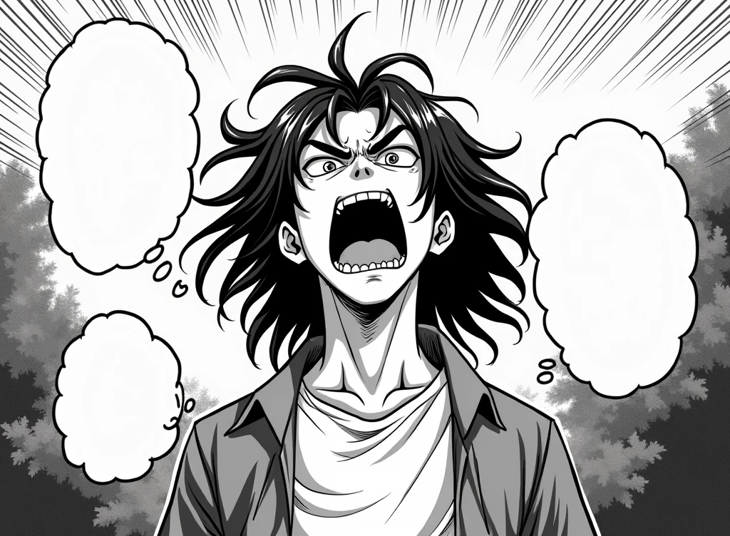 high resolution, manga, monochrome, handwritten style, from front, hunk, looking down and mouth very wide open with agony face, middle aged man, yell out, shirtless, stick out tongue,