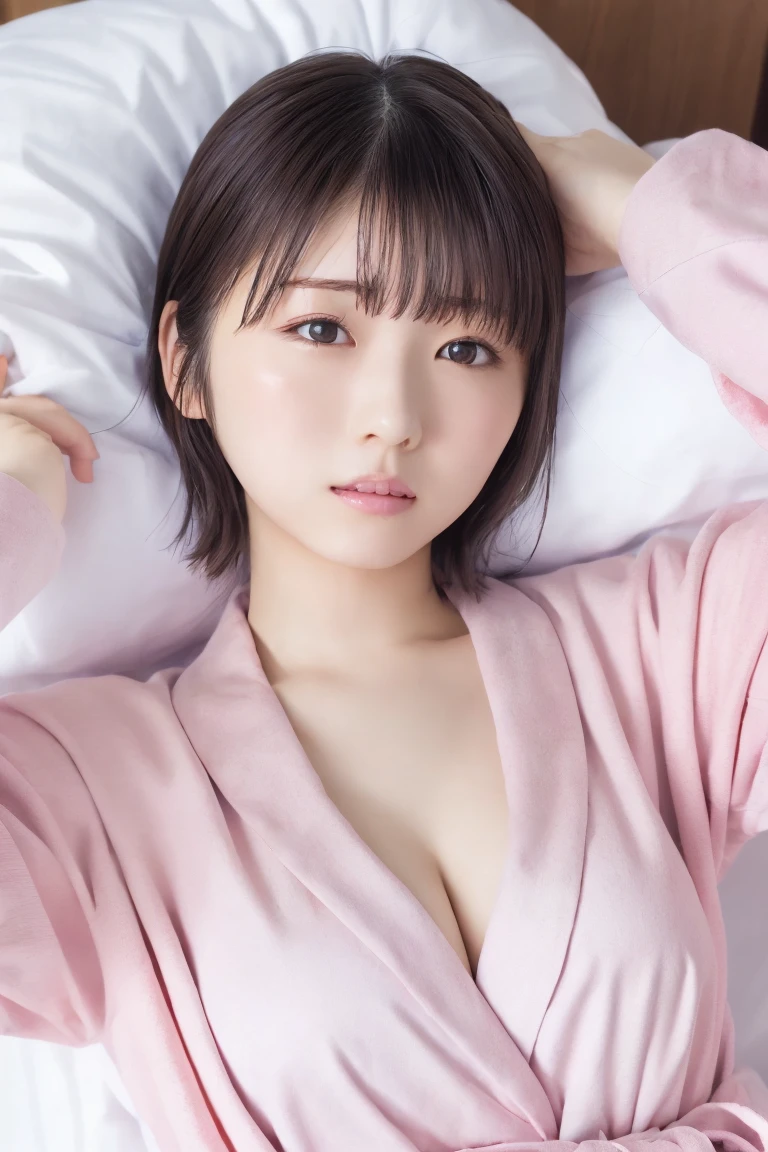 masterpiece, Best Quality, One Woman, (Pink bathrobe:1.2), 20 years old、(RAW 写真Best Quality), (reality, reality的:1.4), sexy、iris、 very detailed eyes and face,  beautiful and detailed nose, beautiful eyes,  Perfect Anatomy、 short hair、 cleavage、 shiny skin、Blushing、Get drunk、eyes half closed, Climax expression、Open your mouth、  lying down 、bed、 angle from above、