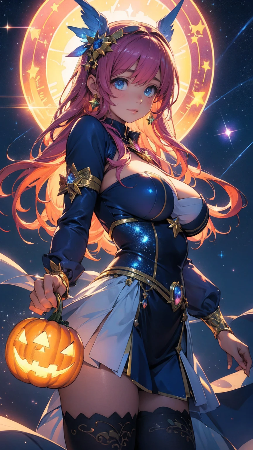 anime illustration、high resolution、fantasy、cyber punk、bitch、One bewitching very plump gal、gradient color hair、orange perm hair、very thick thighs、breath of the wild、britomart、Princess Zelda、aurora and starry sky、big breasts、exposing female genitals、exposing nipples、full nude、Bewitching laughter