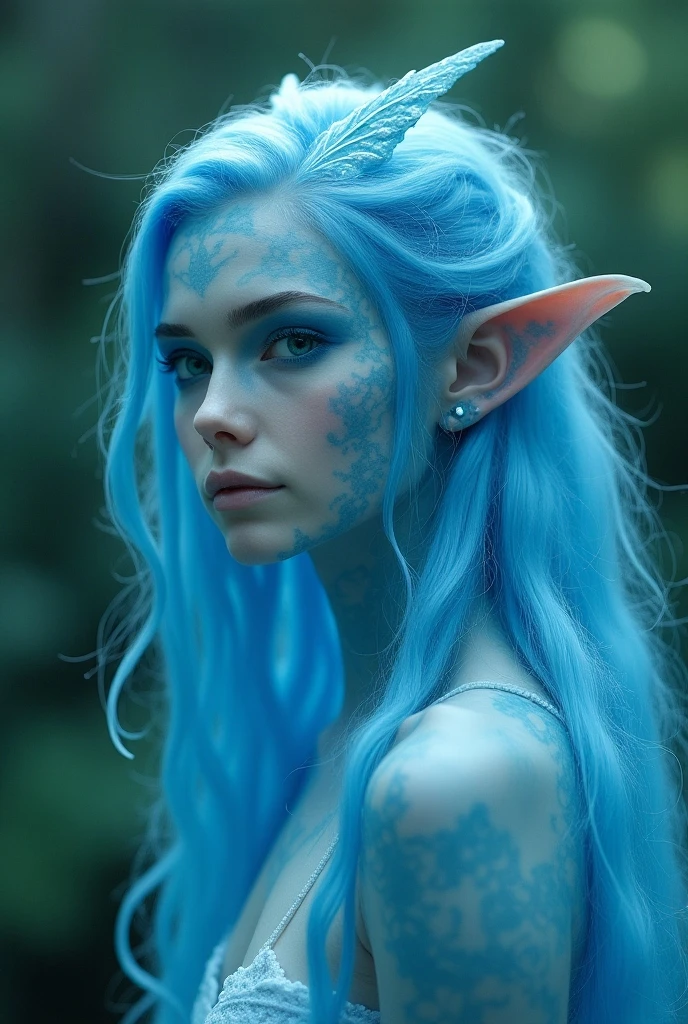 An girl human on the jungle with blond hair, white skin, blue eyes with an angelic feature, her body feminine with the clothing style of Na'vi half naked, as she has on her skin blue painted trace lines