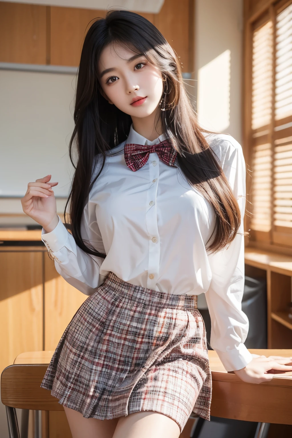 best qualtiy,tmasterpiece, Ultra High Resolution ,(Reality:1.4),RAW photogr,1girll,long whitr hair,Face Highlighting,Pure,Girly,Flushing,21yr old,21-year-old smiling female classmate,Pure,Innocent,(best qualtiy,8k,tmasterpiece:1.3),Goose egg face,largeeyes,long eyelasher,Exquisite(live-action realistic style),Star-like eyes,Ultimate face,Photorealistic light and shadow,Clear facial features,Milky white skin,Fair skin, highdetailskin, Realistic skin details, Visible Pore,(Super detail),(perfect bodies:1.1),long whitr hair,(dynamicposes),((Dynamic background((volumettic light:1.3)),Classroom,Plaid skirts,red bowtie,huge tit,White color blouse