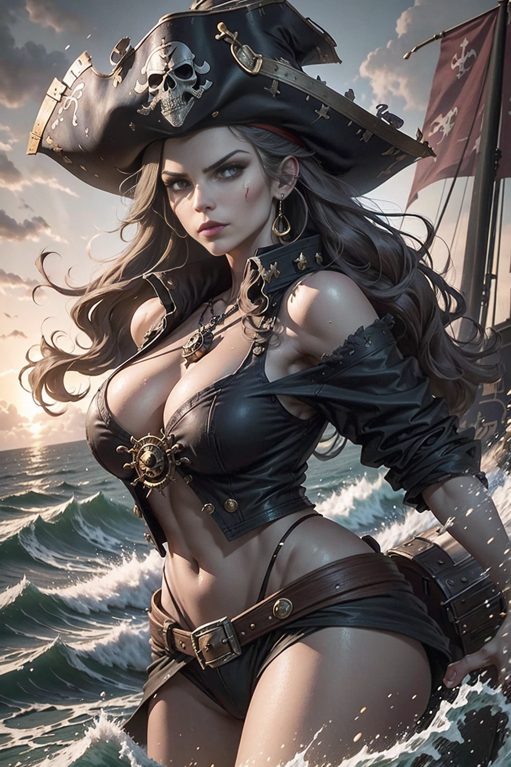 ( Better quality,4K,high,master part:1.2),ultra-detailed,realistic, sexy busty pirate girl ,long eyelashes,beautiful detailed eyes, beautiful and detailed lips ,dark hair, brown eyes, flawless complexion  , perfectly curved body ,hourglass figure, Pirate ship deck ,Battle at Sea , dramatic lighting , wind messing up your hair ,gun in hand, cleaver around the waist ,cannon shots in the background, smoke and sparks filling the air ,fierce expression,confident posture, black pirate hat with skull and crossed bones, ornate costume of pirate captain ,gold earrings, eye patch with a crimson gem , frayed wooden planks , ragged sails ,anchor symbol on ship,waves breaking, stormy sky ,adrenaline, Pirate adventures ,treasure hunt, swordsman action ,Seductive charm,pirate queen, dreaded and respected by his crew , stormy sea ,Hidden Treasures,heroic deeds, Legendary Pirate , Secrets of the Deep Sea ,untold riches, treasure map leading to your next conquest , barrels filled with rum , gold glitter and jewelry , high-risk pirate life , skilled sword fighting , pirate flag fluttering proudly , skull and crossbones symbol , plunging neckline, revealing mirror ,high boots,long flow cable,panoramic sea view, rough sea storm ,vivid colors, pirate life ,memorable adventure, fearless captain's legacy ,Megan Raposa.