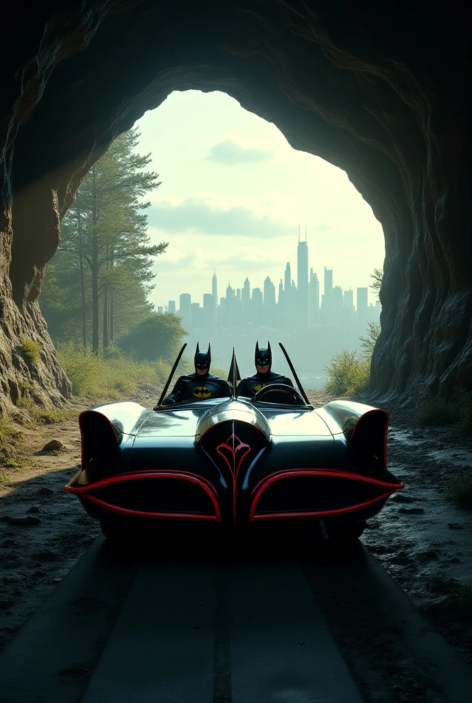 Show a realistic scene of the Batmobile exiting a cave, with Batman and ...