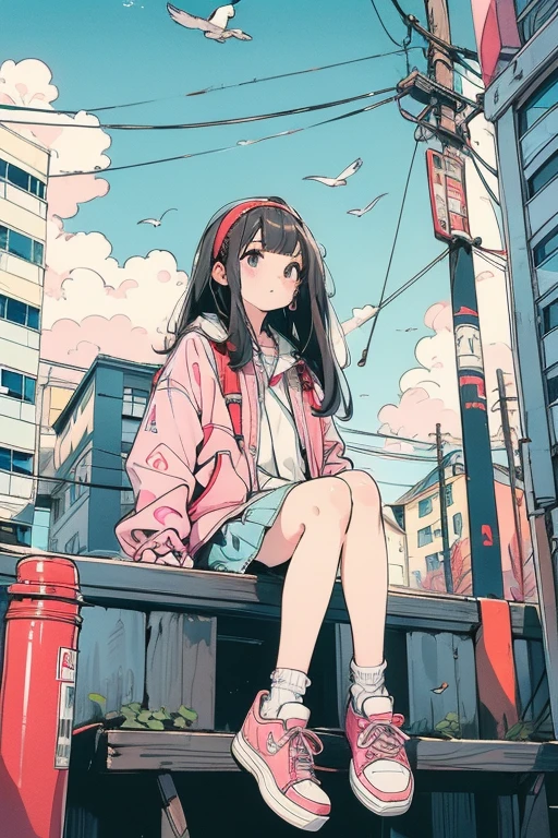 1 girl pink shoes ,Alone,Sitting,null,cloud,Outdoor, Black Hair ,bird,上方fromの眺め,blue null,White socks,Daytime,Pink Jacket, buildings, Long Sleeve ,leaf,Long Hair,stage,red Headband,Pump rope,Headband,bangs,cloudy null,from_Down,wide_shot,