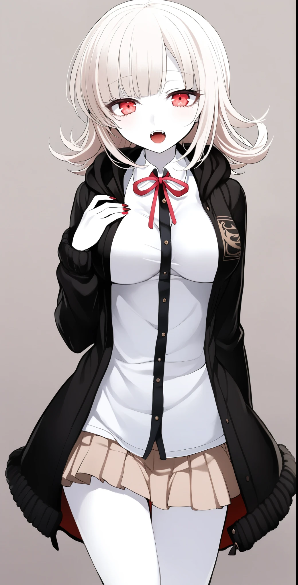 1 Girl、Vampire Chiaki Nanami、 Red Eyes、Fangs growing、high school student、pure white and pale skin、 pure white hair、Mid-winter clothes、Midwinter clothes、Height 150〜170 cm or more、Vampire Academy Students、Red nails、slightly pointed nails、Slightly large breasts、The chest is hidden