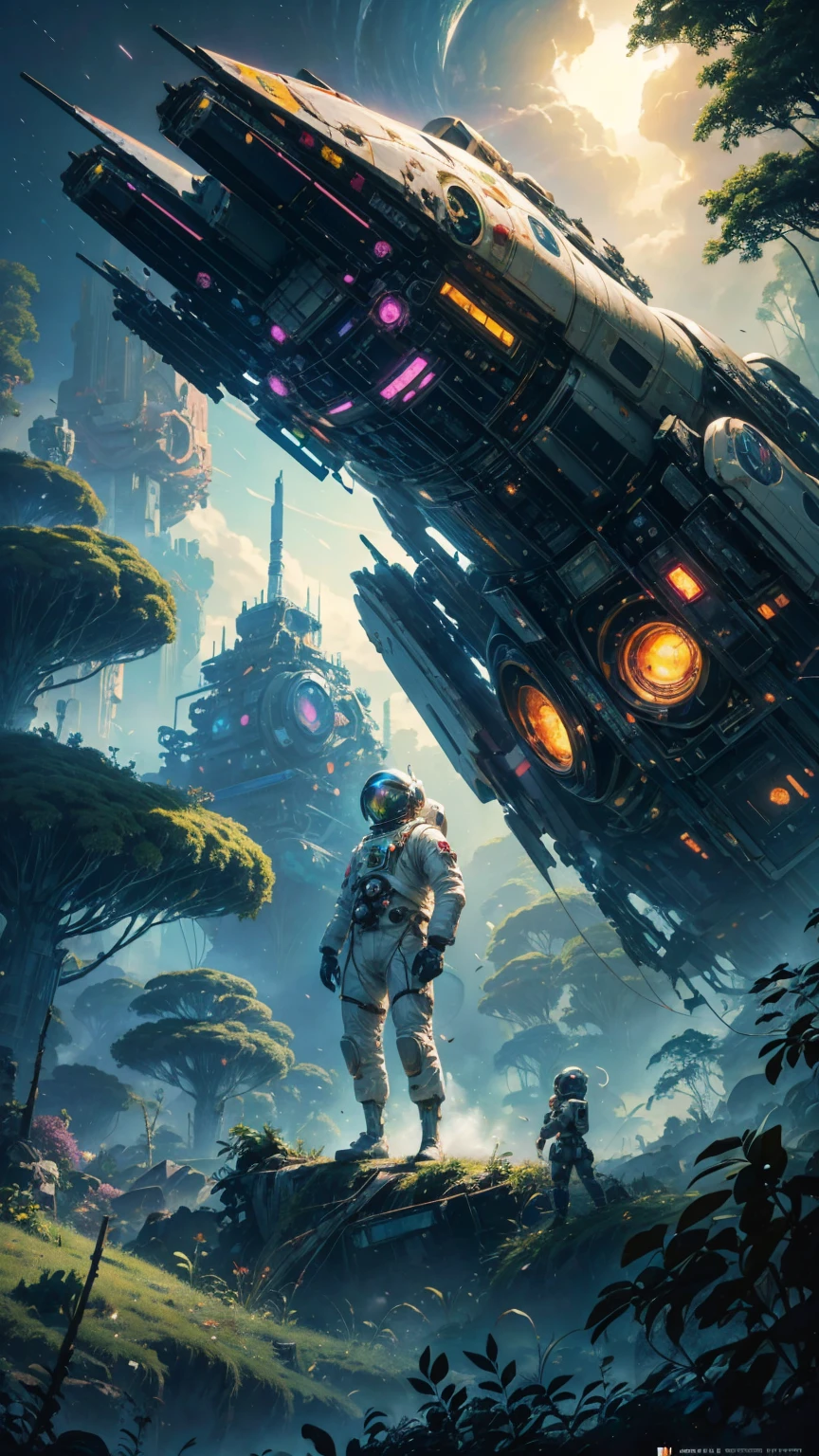 a beautiful 8 bit painting of a kawaii futuristic android astronaut on a lush planet of foliage, the destroyed wreckage of a crashed spaceship, steam, thick colorful smoke, ross tran, ron walotsky, greg rutkowski, trending on artstation
