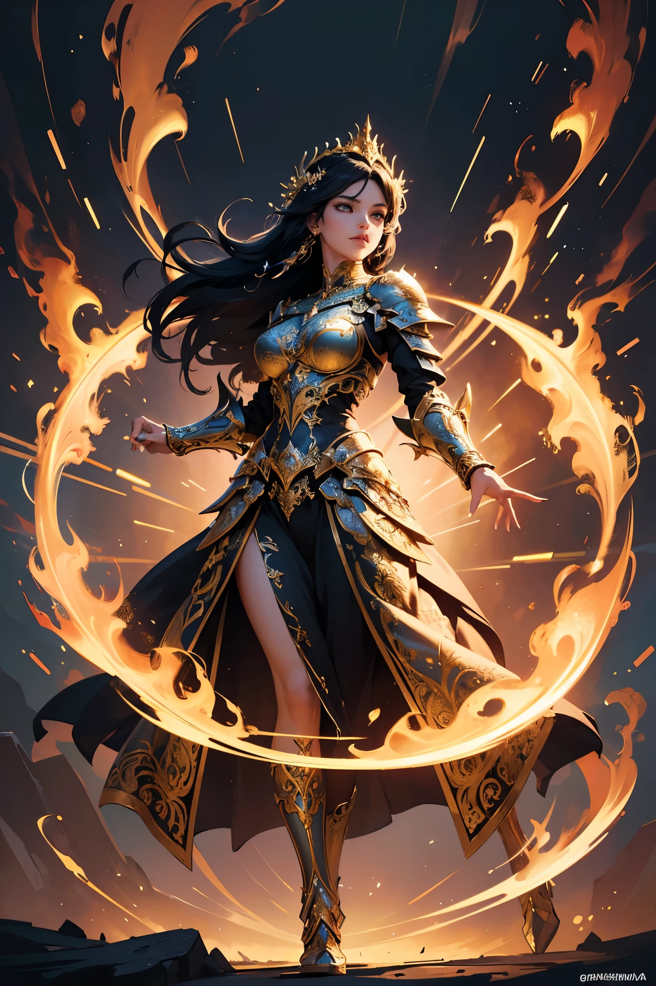 a woman in a costume with a sword and fire on her chest, dark sorceress fullbody pose, full body xianxia, a beautiful fantasy empress, appears as the fire goddess, maya ali sorceress, by Yang J, dark sorceress full view, beautiful sorceress female, 3 d render character art 8 k, a beautiful sorceress
