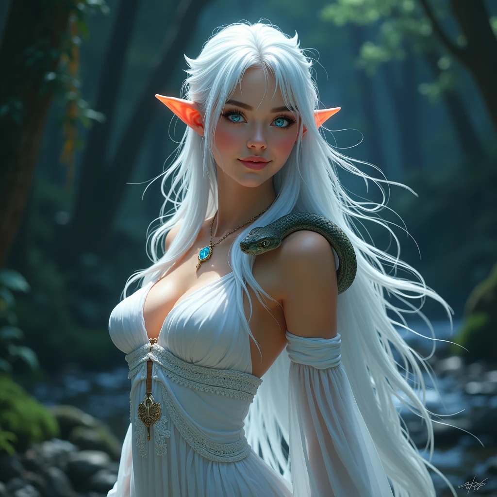 Long white hair woman, Rounded face, Big eye, ngực to, big butt, tai tròn, martial arts, White skin