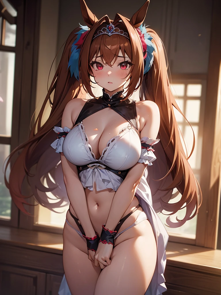 (​masterpiece, top-quality, hight resolution, Unity 8k, extremely details CG:1, Best Picture), Daiwa Scarlet (Uma Musume), (((tiara))), brown hair, hair intake, red eyes, long hair, twintails, ((horse ears, horse girl)), "A seductive woman stands in a dimly lit room, wearing revealing lingerie that accentuates her curves. She leans in slightly, looking directly at the camera with a tempting gaze. Her lips are parted as she whispers, 'Just for now, I’ll be your own personal masturbation material.' Her expression is playful yet sultry, her eyes filled with desire, promising intimacy. The background is blurred, putting all the focus on her as she beckons the viewer closer, offering herself as an irresistible temptation."