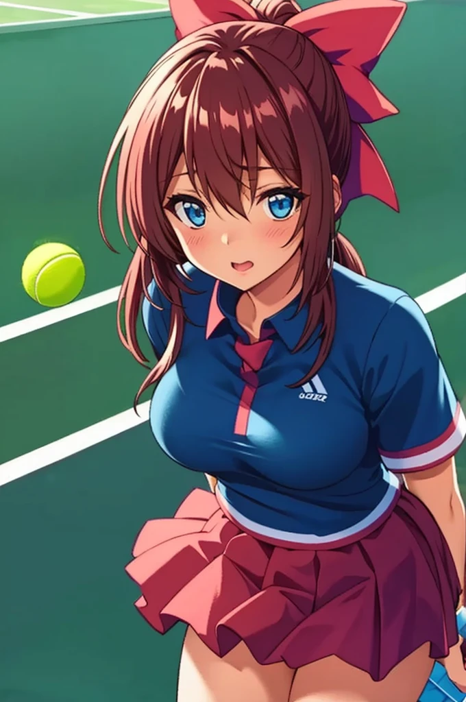 (masterpiece, best quality:1.2), Kanzaki_Aoi, 1girl, solo, blue eyes, brown hair, large breasts, break, ((aoi_tennis:1.2), tennis uniform, ((two-tone shirt:1.3), blue shirt, white shirt), collared shirt, short sleeves, pleated skirt, miniskirt, red skirt, hair bow, red bow, hair between eyes, ponytail), ((school room)), looking at viewer, ((face viewer, cowboy shot)),