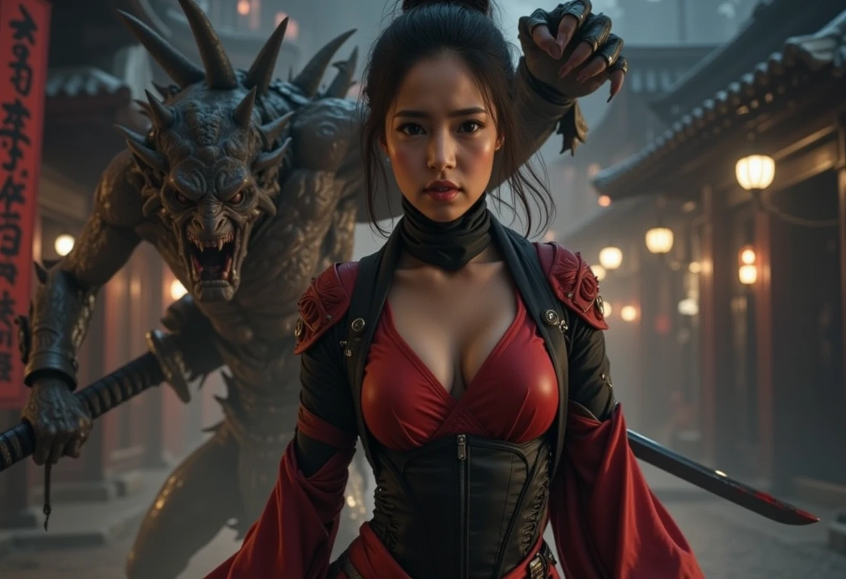 1woman, night time , full body , beautiful detailed eyes, face to thigh view ,blood smear on her face, serious face, fighting emotion, beautiful detailed lips, extremely detailed face, long eyelashes, sexy black-red ninja suit, red bra, Flowing red fabric from ninja suit, samurai sword in her hand, shining samurai blade with blood , fighting pose , fantasy landscape, 1monster running behind her , many monsters far away in background, Ancient Japanese houses, ancient lamp poses, cinematic lighting, dramatic atmosphere, intricate details, moody colors, digital art, hyper-realistic