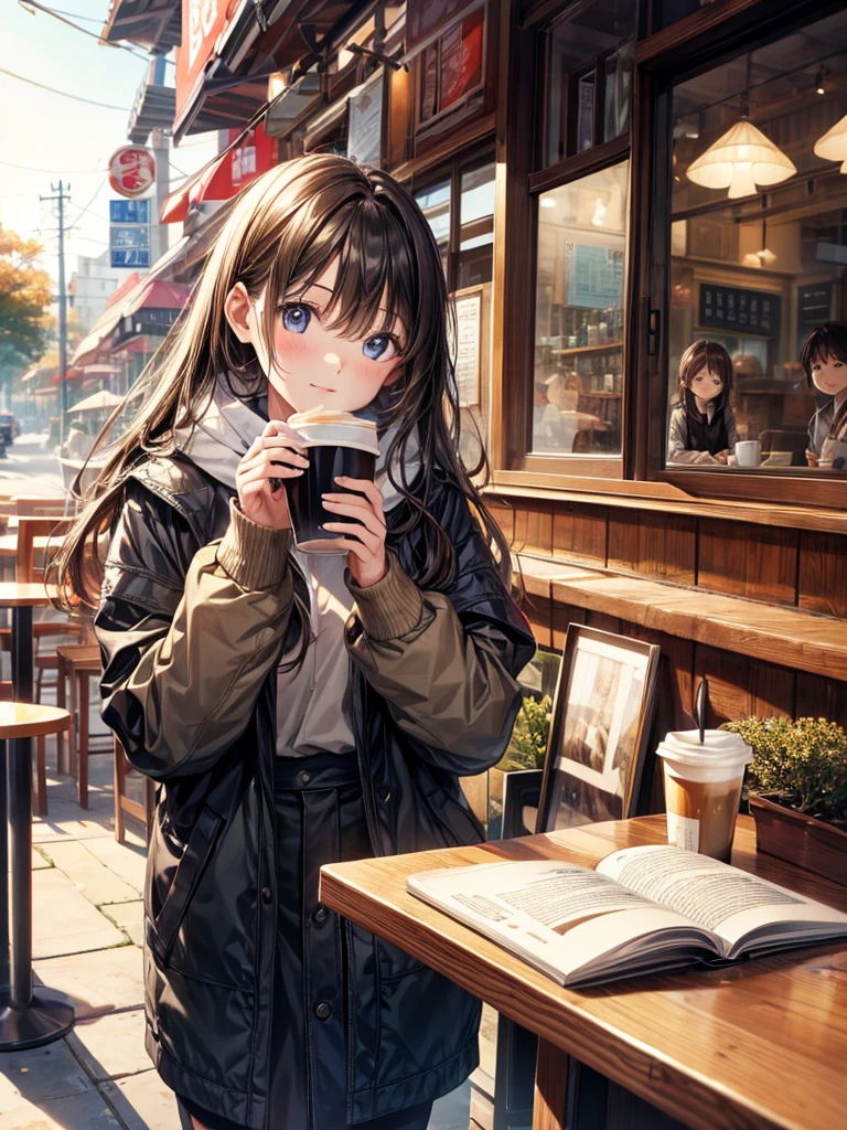 Best Quality、While feeling the autumn air at a cafe、 read a book while drinking hot coffee while feeling the autumn air at a cafe。" 1 girl, 