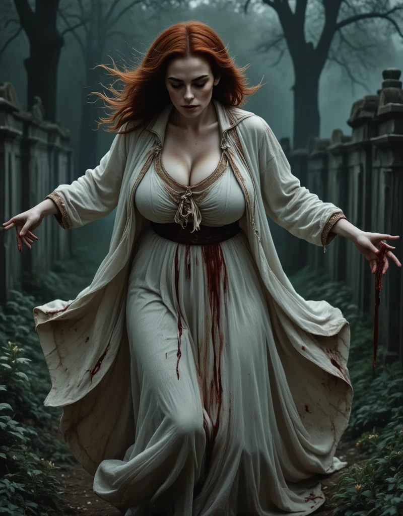 Photorealistic, cinematic style, picture of a beautiful female ghost. ((She's floating)) over the graves in the old cemetary. (dynamic pose:1.5), Sad expression, ghostly pale skin, flowy white robes, robes are soaked with blood and blood spatters. She has Brown eyes, downturned eye shape, long reddish-brown hair. (((Her hands are covered in blood))),  Perfect hand,HDR, intricate details, fear