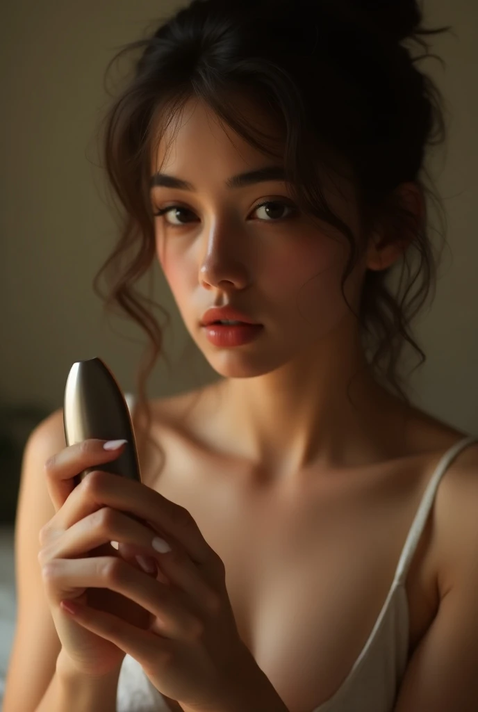 A white E-girl on a bed while a penis is inserted into her