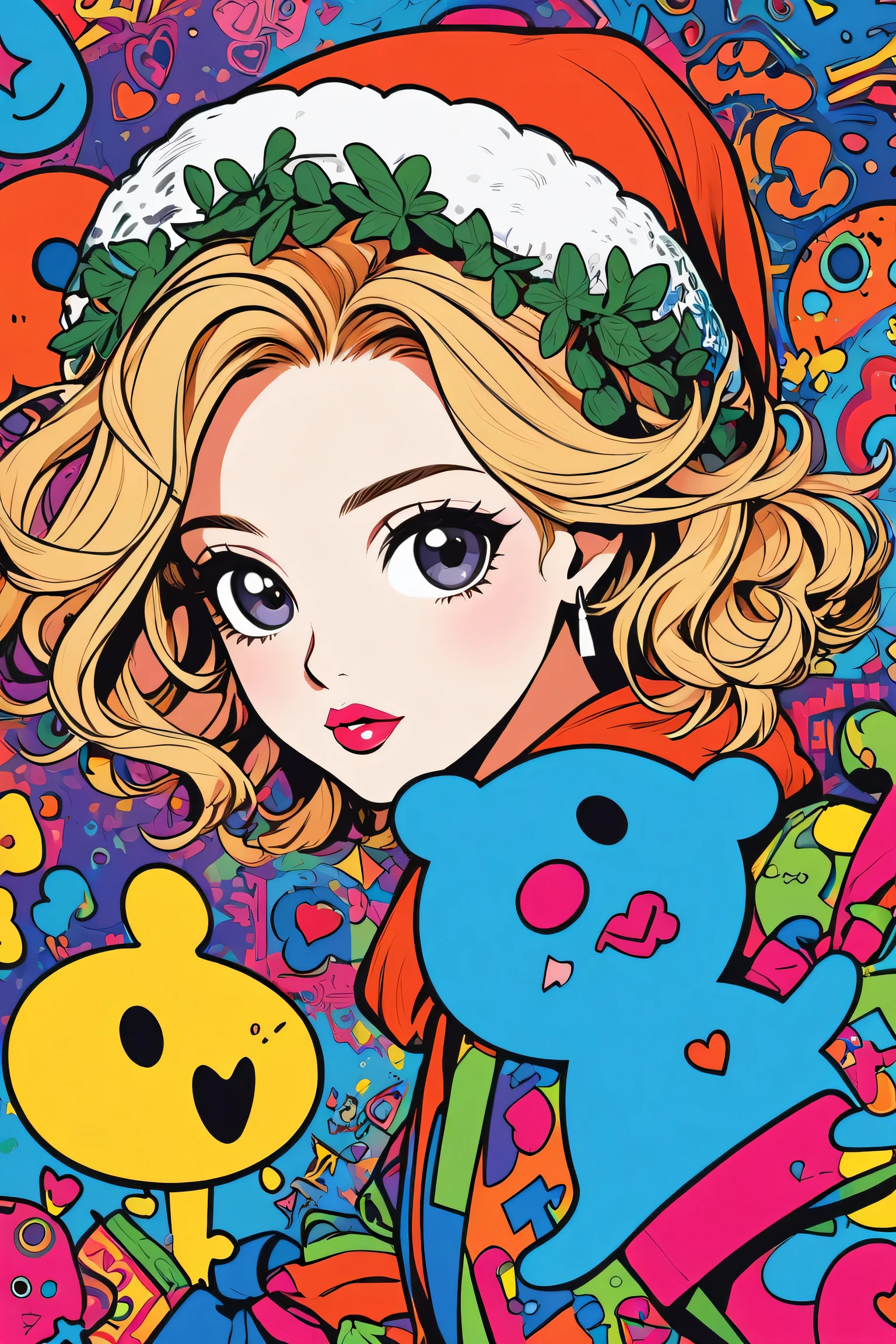 Ultra-realism Keith Haring colorful style, Simple Line Initialism,Abstract art,(((The most beautiful girl of all time))), Sweet face. Lips in love, stylish design, Dark Eyes, (((Holiday Room))), (((Cute amoeba)))