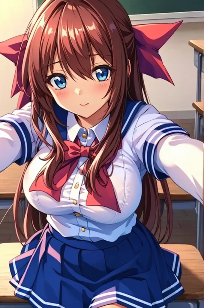 (masterpiece, best quality:1.2), Kanzaki_Aoi, 1girl, solo, blue eyes, brown hair, red hair ribbon, large breasts, ((school uniform:1.2), white sleeves, long sleeves, pleated skirt, blue skirt, yellow bow), ((school room)), looking at viewer, ((face viewer, cowboy shot)),