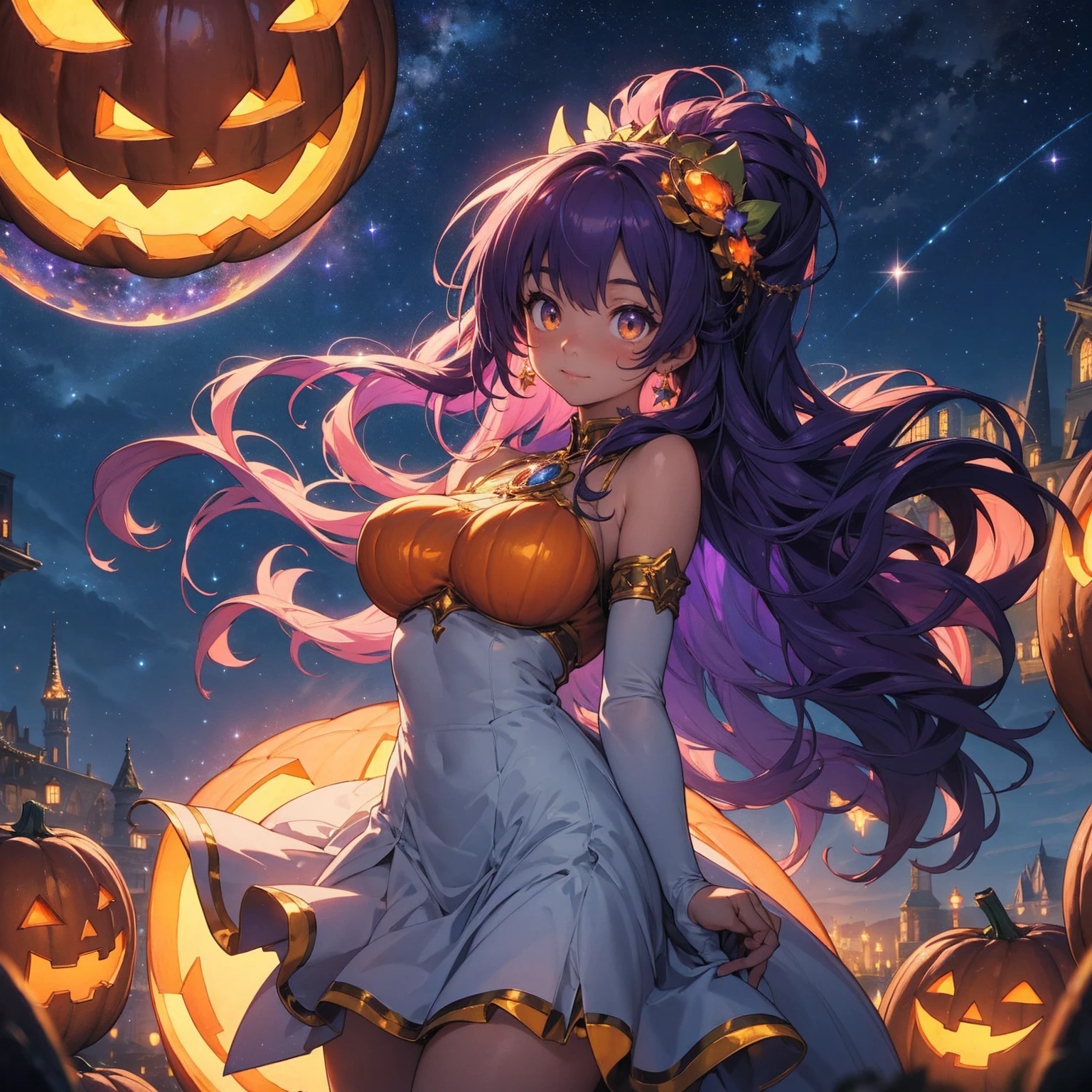 ((Highest quality)), ((masterpiece)), ((detailed)), (4K), nsfw, the art of a porn anime girl is tied to a pumpkin with string, 1girl, breasts, 独奏, (bandages), drill hair, purple eyes, purple hair, long hair, bandage over one eye, blush, large breasts, chest tattoo, smile, (naked bandage), looking at viewer, night