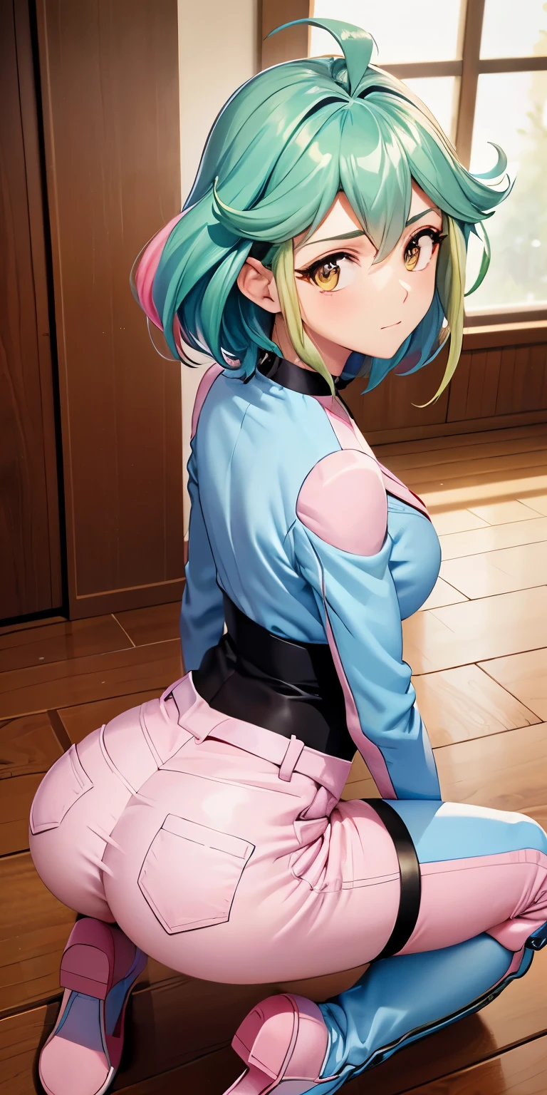 1 Female,High definition,high resolution,Ultra-realistic,8K, rin_arc_v,blue jacket,long sleeves,black choker,(pink shorts),(white boots), multicolored hair,yellow eyes,European,sexy,Upper body close-up,Photographed from the front,Dynamic Angles,private teacher,blush, (small tits), pretty  ,(pov , closed shot:1.3),from behind,huge ass,((show ass))