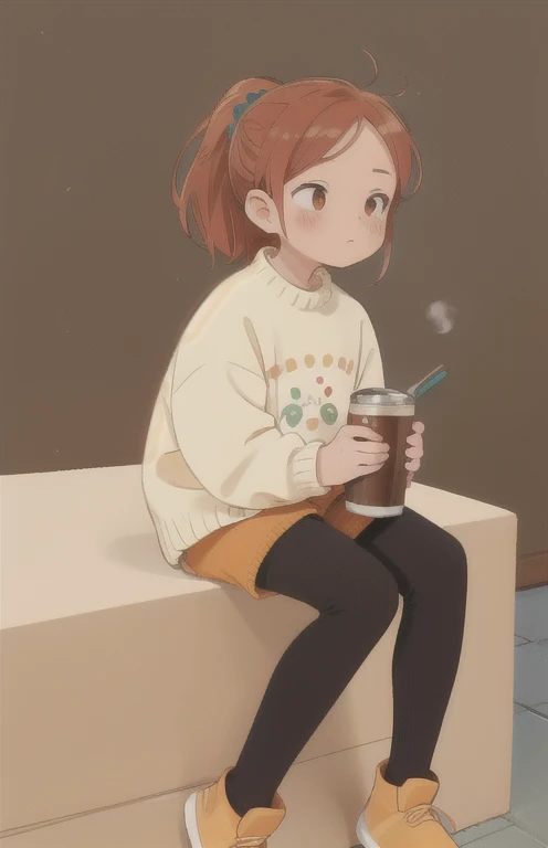 ( 1 girl, Alone), ((Best Quality, masterpiece)), (tights:1.2), 、 ponytail、Sitting、It looks warm、Holding a can of coffee、 Wool Sweater , Hot Pants, whole body,no background 