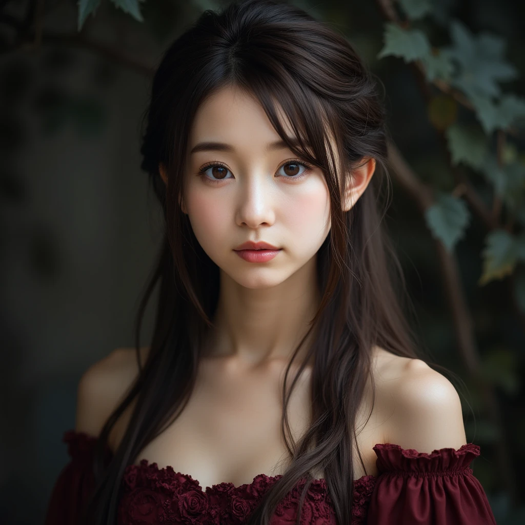 A hyper realistic and artistic photo of a beautiful white-skinned east-asian girl, dreamy crimson eyes , cute face, medieval dress, in Style of dark and brooding.
