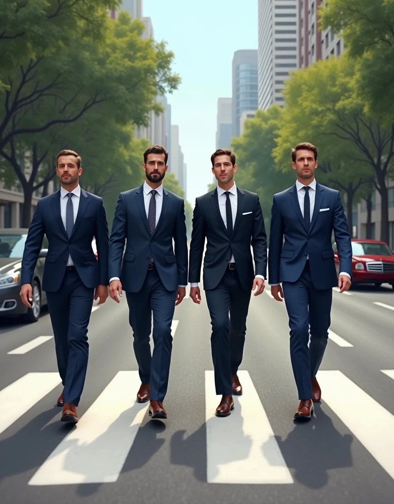 Photorealistic Photograph Of A Group Of Yuppie Guys In The Foreground, Walking Through A Large Sidewalk Of The Midern Financial District Of São Paulo, Brazil, Faria Lima Avenue, With Stunning High Ribeiro Buildings And Luxury Cars In The Background