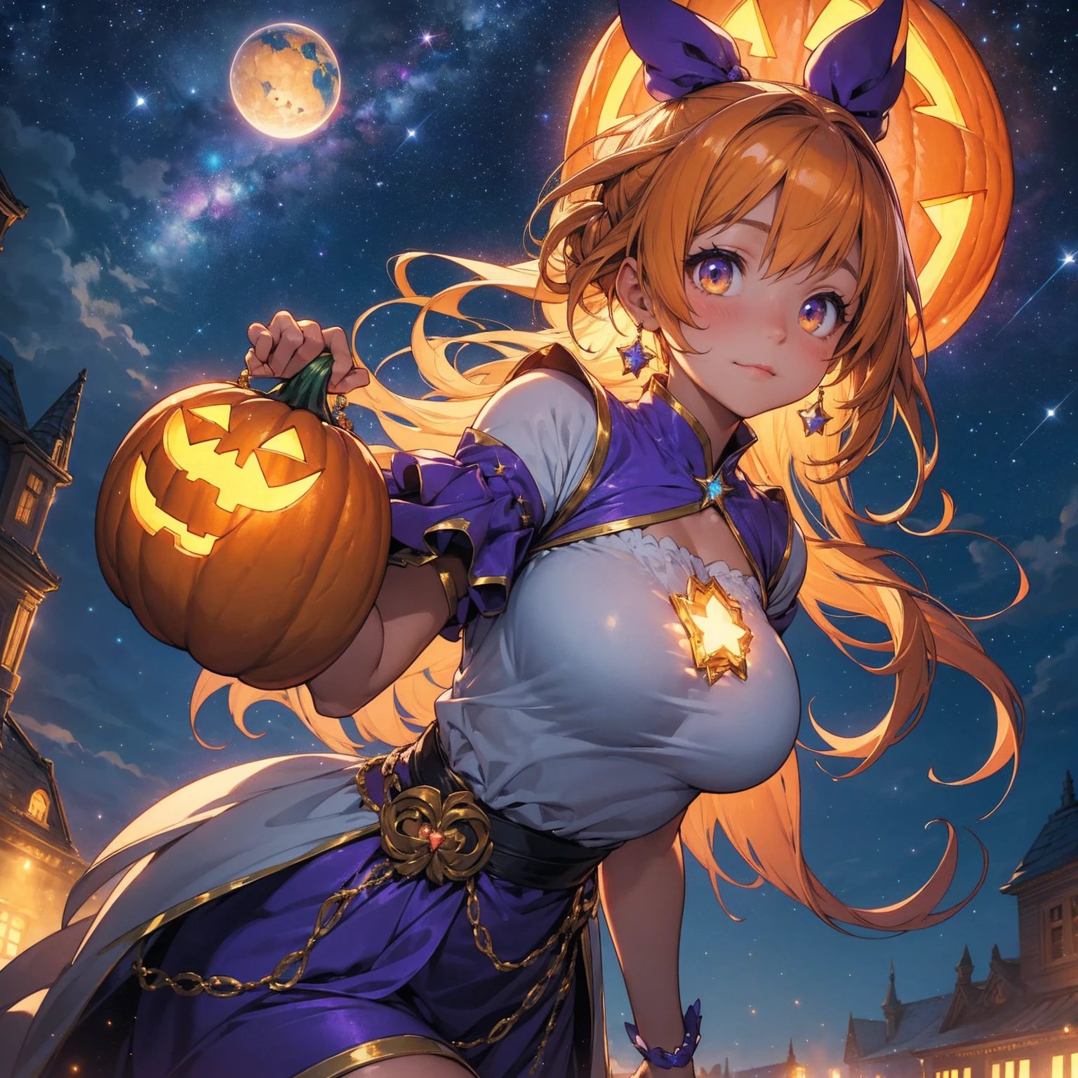 finest image, (8k, RAW photo, realistic), detailed and delicate depiction and flashy and dynamic painting method, It's time for the Halloween party to begin, Everyone gather around, Trick or Treat!, background View of the city from above, big full moon, scattered confetti and iridescent golden particles, fantasy