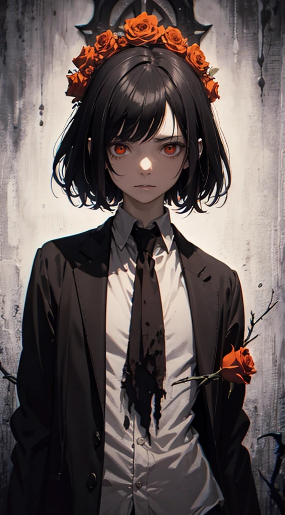 (Arielp style:1.0), dark, Horror, Creepy, Creepy-looking, Painting, Lovecraft, , , He lifted,  Black Hair , black  jacket, Brown Hair, devil, flower,  High Resolution ,  jacket, orange eyes red flower , red rose, rose, shirt,  short hair, white shirt