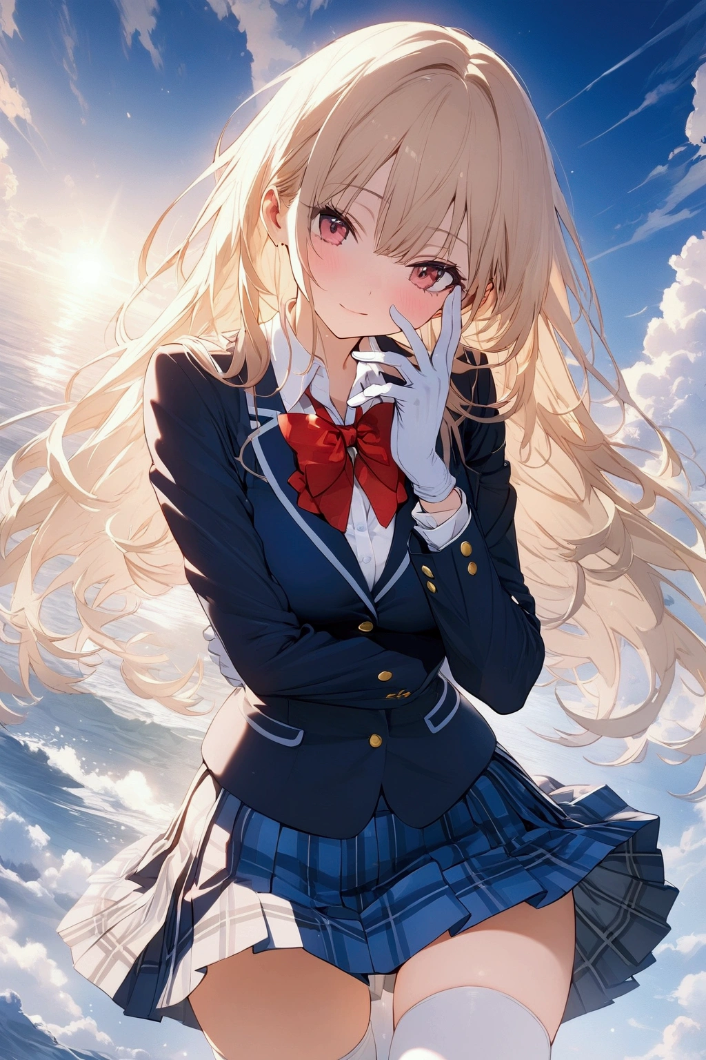 highquality illustration, masterpiece, very delicate and beautiful, ((hand on own face)), attractive girl, ((She wears school uniform, blazer, red bow, white shirt, collared shirt, blazer, white gloves, long sleeves, plaid skirt, white thighhighs)), highres, extremely detailed CG unity 8k wallpaper, perfect lighting, Colourful, ultra-high res, 4K, ultra-detailed, photography, 8K, HDR, s, an extremely delicate and beautiful, cowboy shot,