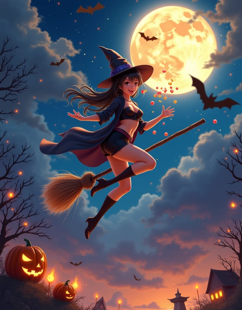 Anime style, Panoramic top-down shot, in the night sky, full moon, sexy witch flying in the sky with a broomstick, witch in a cape, wearing a magic hat, black shorts, black stockings, throwing candy in her hand, bats flying in the sky, looking at the camera, (there is a burning English saying Happy Halloween in the sky), contrast between warm and cool tones