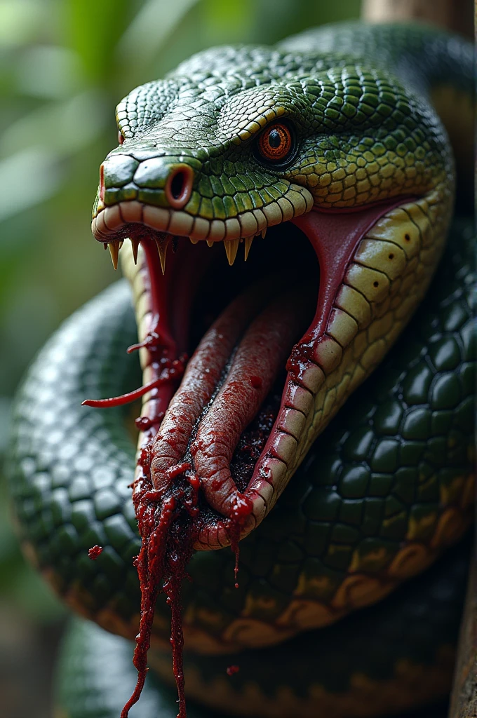 Big snake graping crocodile dead around blood