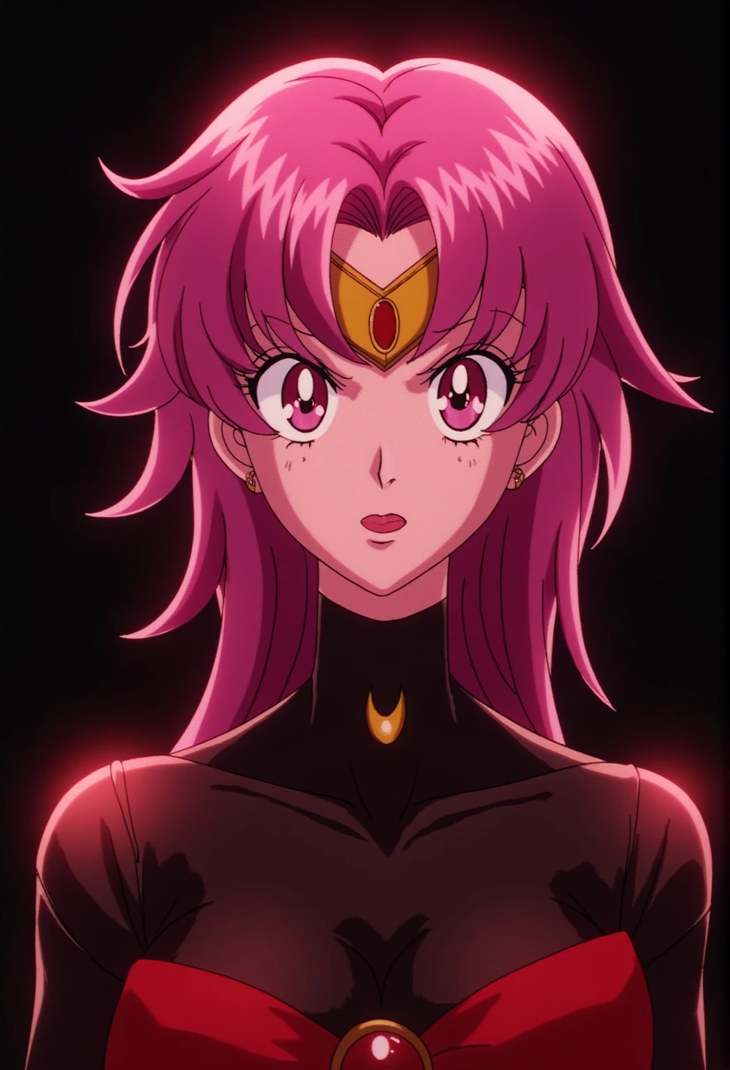 Wicked Lady from Sailor Moon, pink hair, red eyes, black background, black half moon mark on forehead, 
