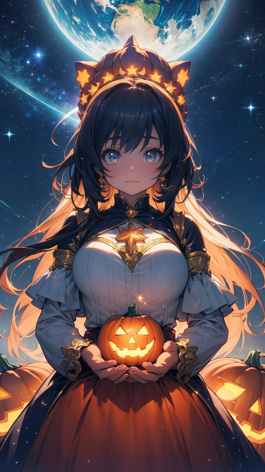 A highly detailed, beautiful magical girl with an extremely large chest, a Halloween pumpkin mascot character, a familiar, a glowing magic circle, magic light enveloping her entire body, a beautiful starry sky with a view of the Earth, cinematic lighting and a joyful atmosphere, 16K wallpaper quality