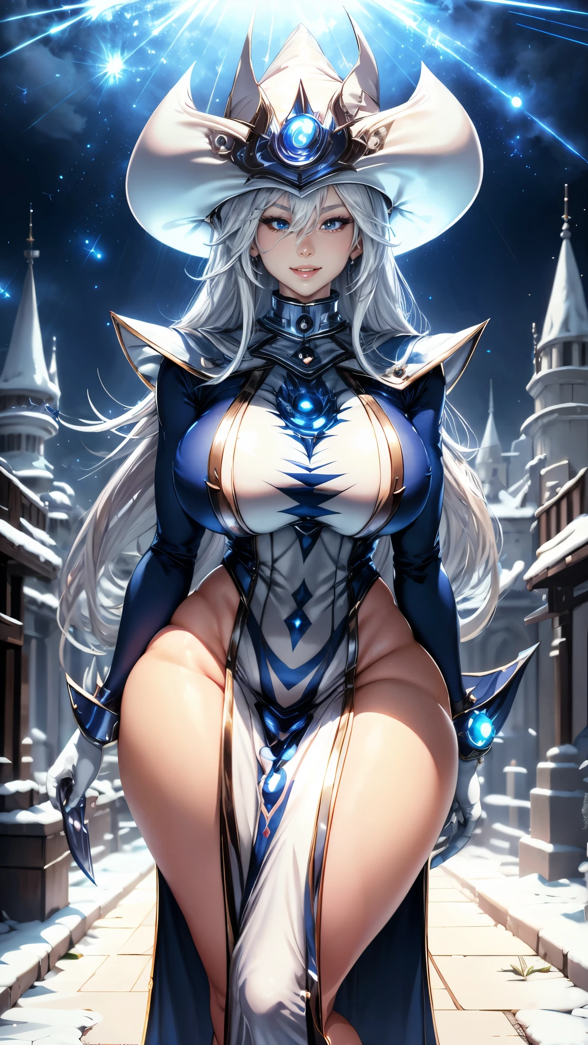 Silent magician ,beautiful ,charismatic ,  voluptuous tight clothing , little visible skin, ((  blushing, smile)),   long hair,  white hair, ((  white hair )), white hat,  thin body, Slender girl,  medium chest and erect  , YuGiOh , Iparuputsua,  standing at the entrance of a castle, Magic world background , medieval world .