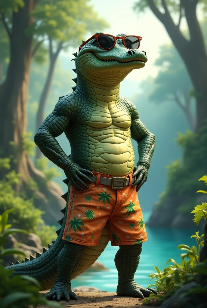 NSFW (nude) (male lizardman with penis) full body, standing on a deserted beach