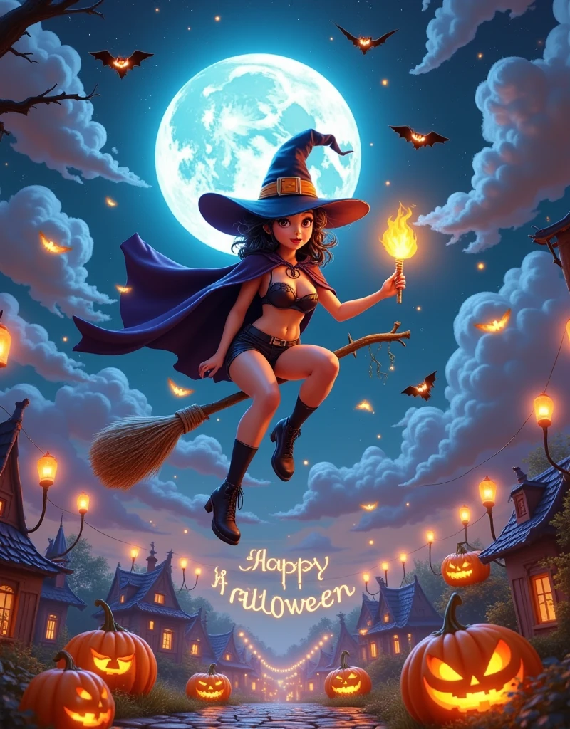 Anime style, Panoramic top-down shot, in the night sky, full moon, (Sexy witch is flying in the sky on a broomstick:1.5), (riding a broomstick:1.3), witch in a cape, wearing a magic hat, black shorts, black stockings, throwing candy in her hand, bats flying in the sky, looking at the camera, (there is a burning English saying Happy Halloween in the sky), contrast between warm and cool tones