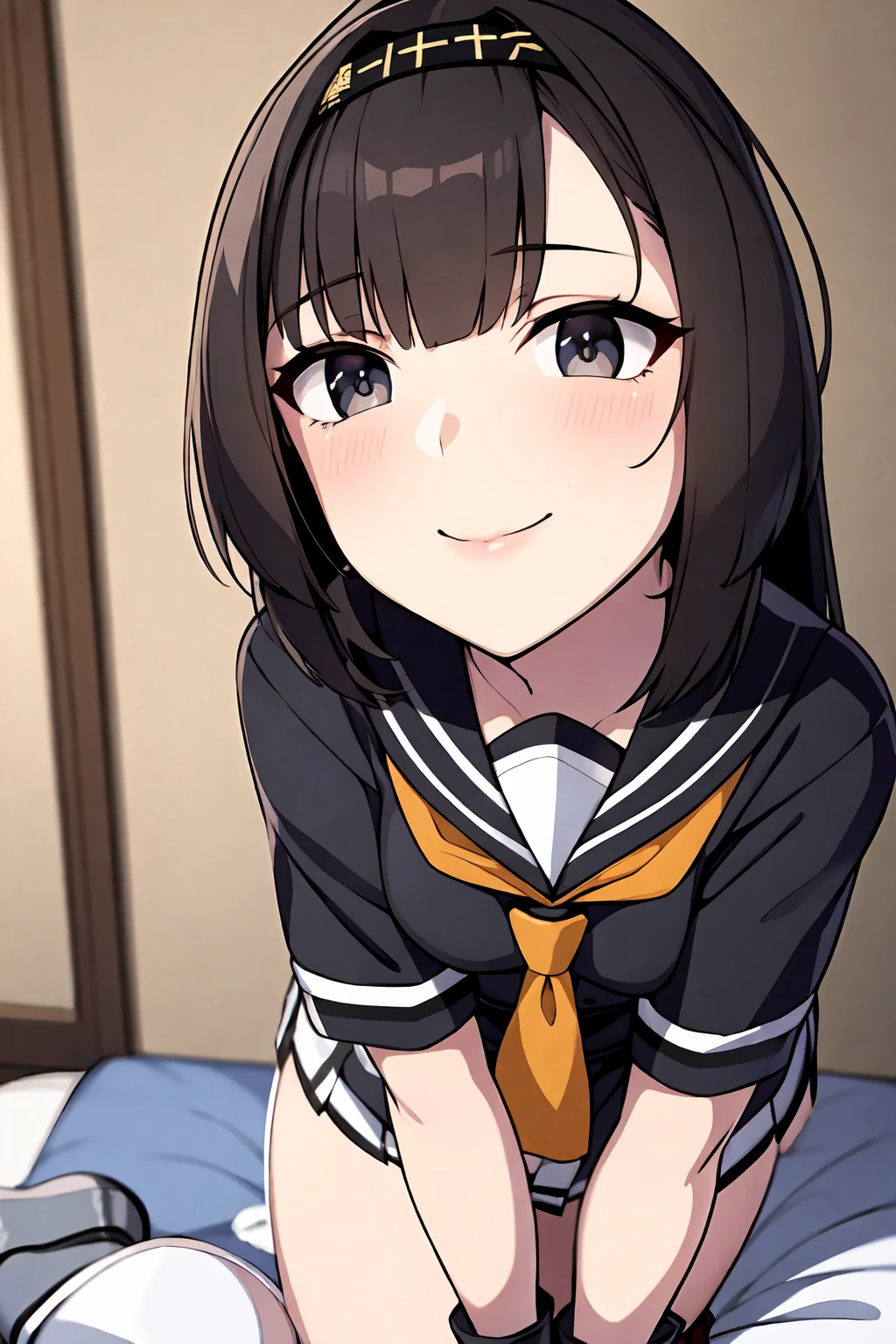 Sitting,Smiling,, Visual Novel CG, semi-long,Brown Hair,Nano Girl v2, fubuki, Anime Moe Art Style, Beautiful anime school girl, Brown eyes,Navy blue sailor suit,Navy Skirt,Lady,Front face,