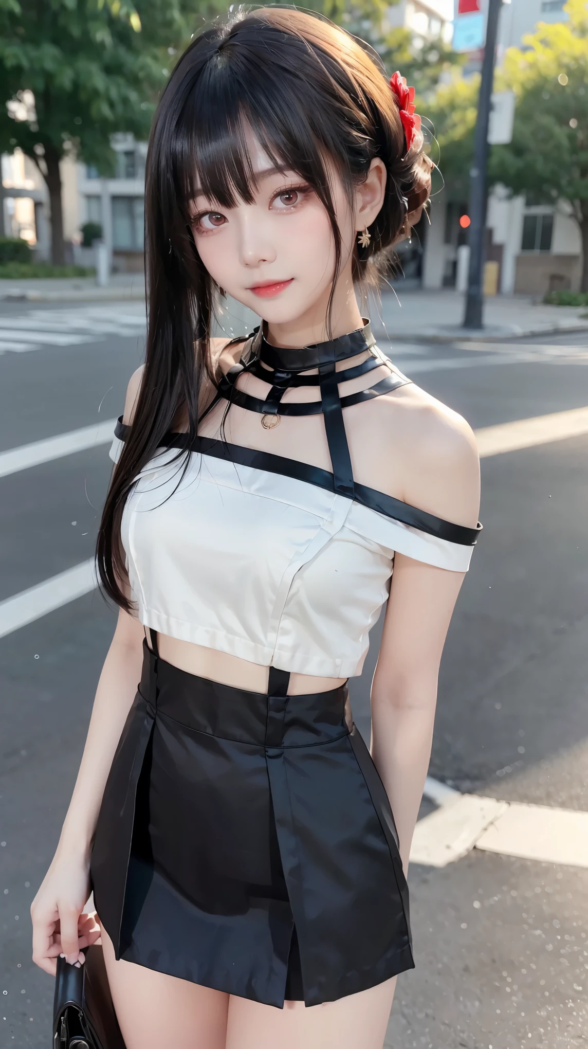 (Best Quality,masterpiece:1.3, super high definition),(Super detailed, caustics ,8k),(Realistic:1.4,RAW shooting), 1 girl,(Smiling and looking down at the camera),( front shot:1.1),(Look forward),18 years old,,Young Facanese,short black ponytail,  school uniform , slender body line , glamorous,(big),( close),(Beautiful breasts,Bust Emphasis),street,Sunshine,Natural Light,(Backlight),( a bright light shines from behind),( lens flare),  professional lighting ,( cowboy shots),(Low position:1.2),(Low angle:1.2),( detailed eyes and faces that resist tentacles:1.2, Professional photography),(Small and slender figure),( toned waist ),Beautiful small face, beautiful eyes,double eyelid,High nose,Moisturizing Lips,Natural Lip Gloss